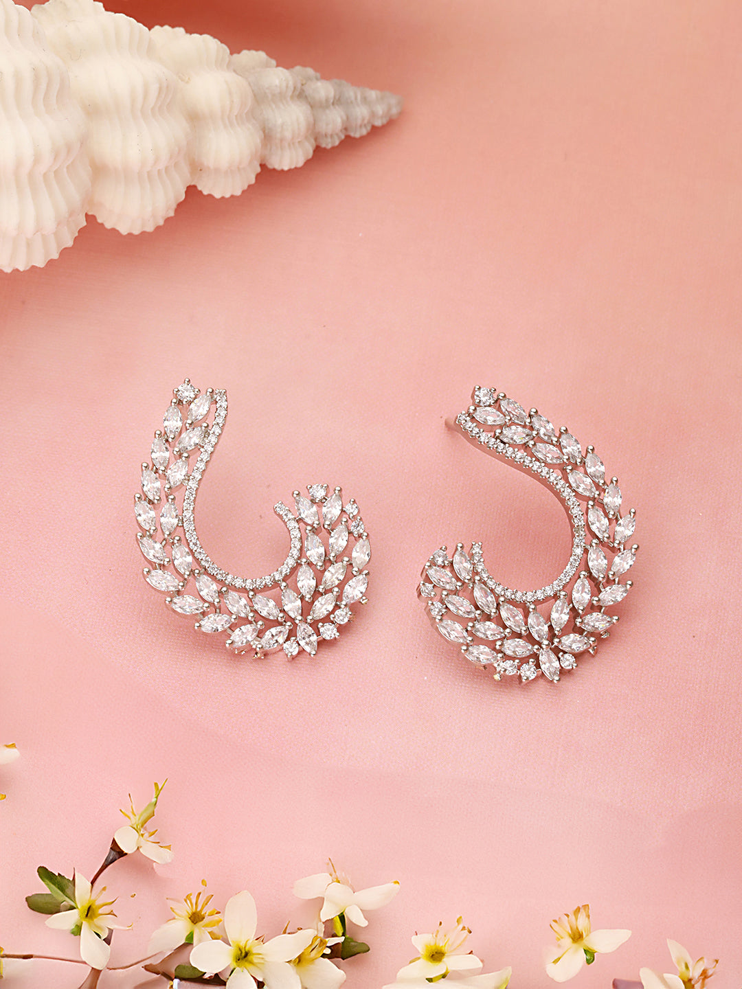 Silver Toned Zircon Studded Handcrafted Feather Shaped C Hoop Earrings