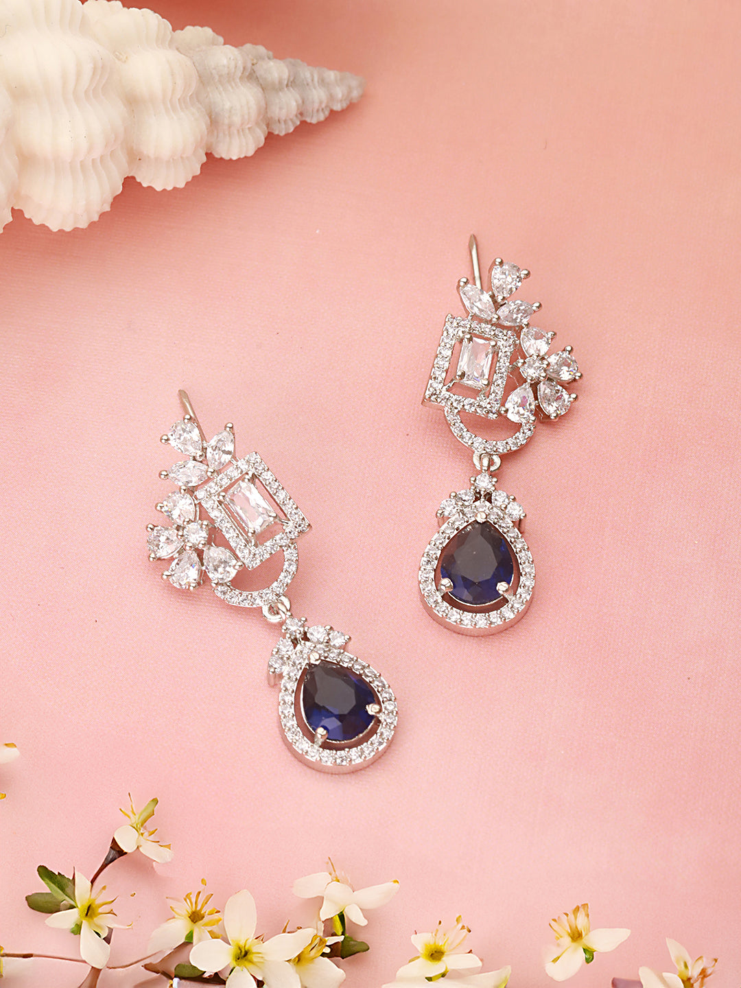 Silver Toned Blue AD Studded Luxe Quirky Drop Earrings