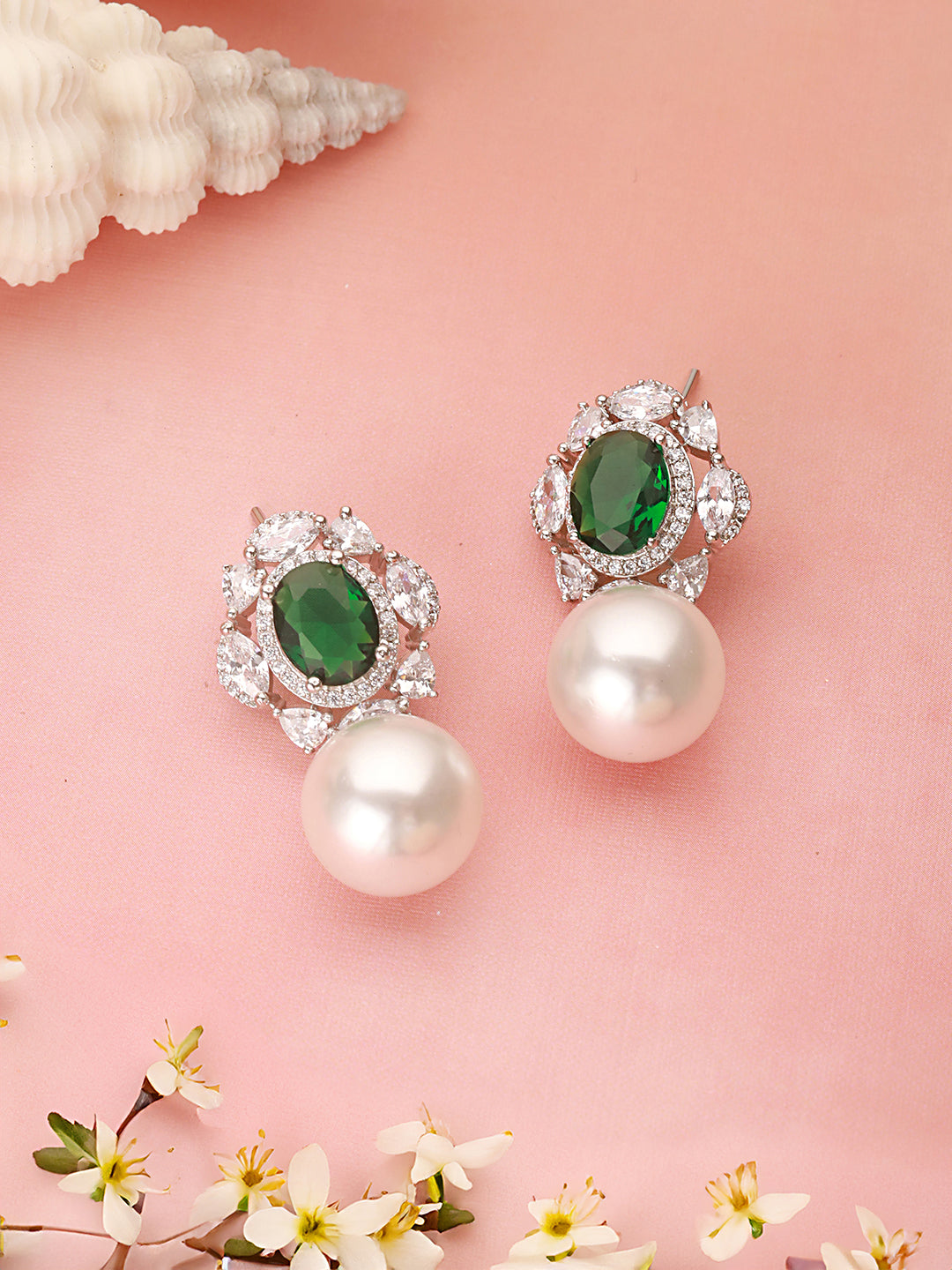 Silver Plated Emerald Green AD Studded Pearl Beaded  Luxe Studds  Earring