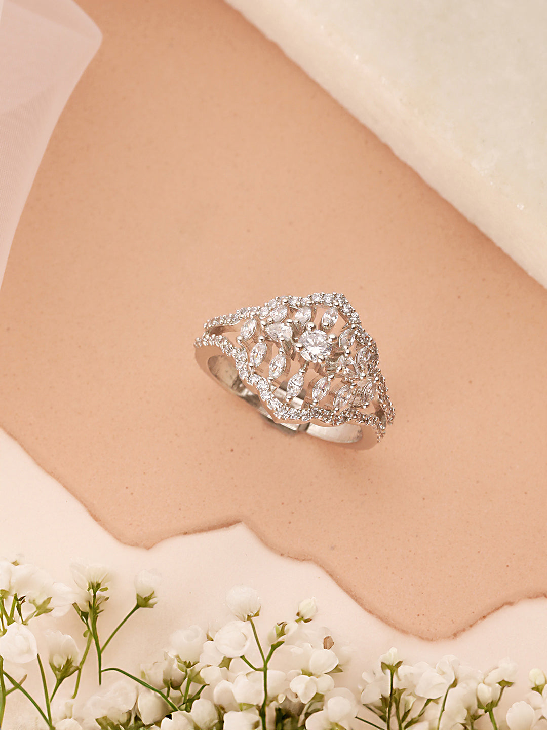 Silver Plated AD Studded Floral Delicate Engagement Finger BandRing