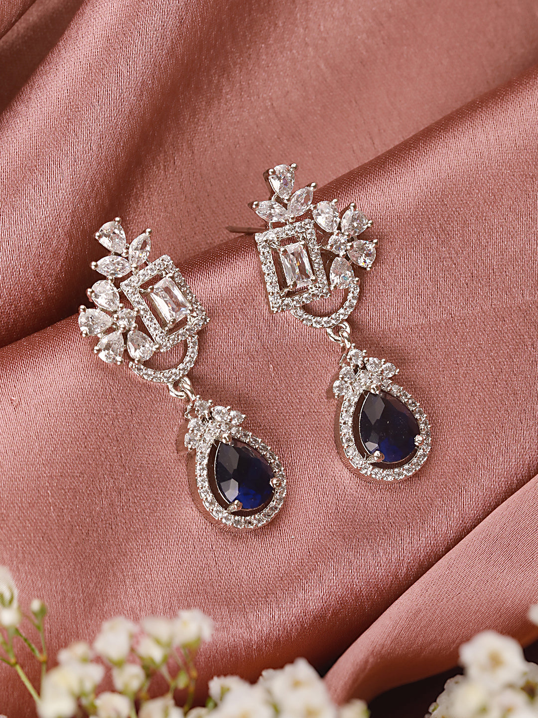 Silver Toned Blue AD Studded Luxe Quirky Drop Earrings