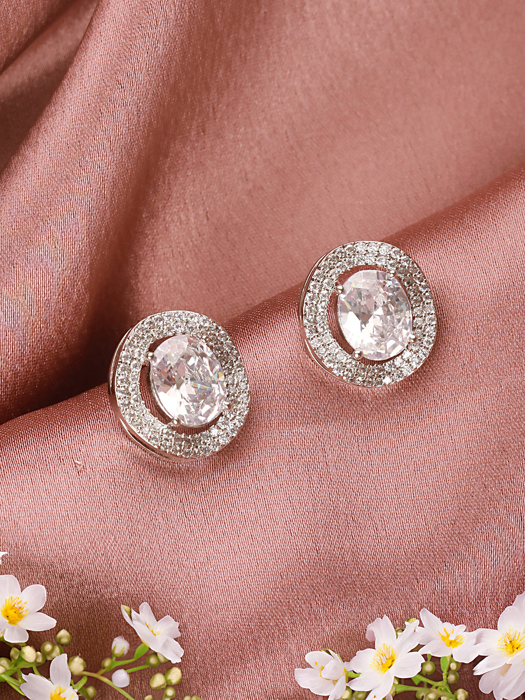 Silver Plated  AD Studded Luxe Solitaire Studds Earrings