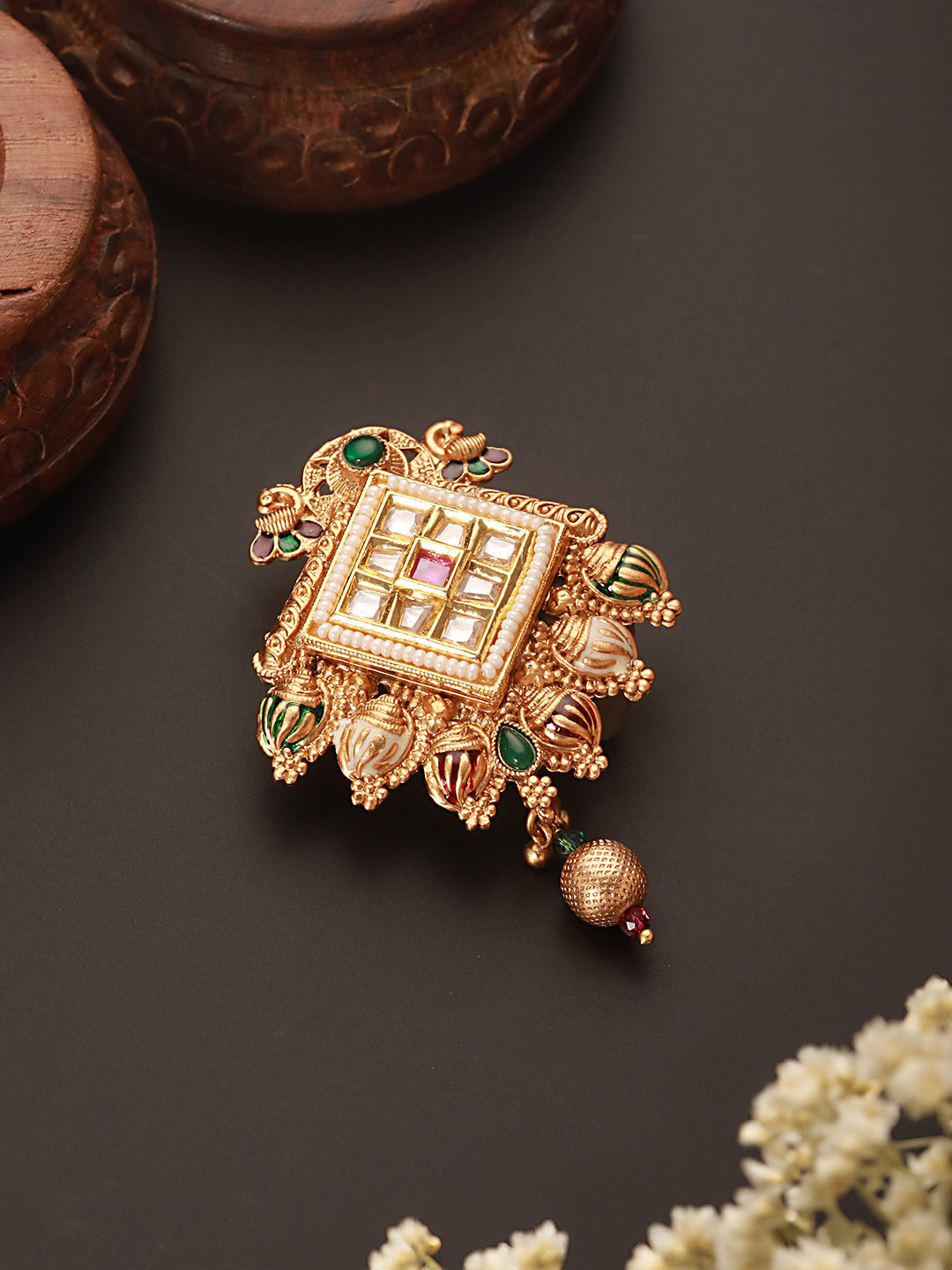 Gold Toned Kundan & Pearl Beaded Peacock Design Broach Saree Pin