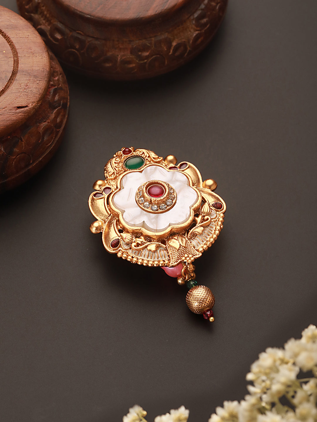 Gold Toned Red Stone Floral Handcrafted Broach Saree Pin