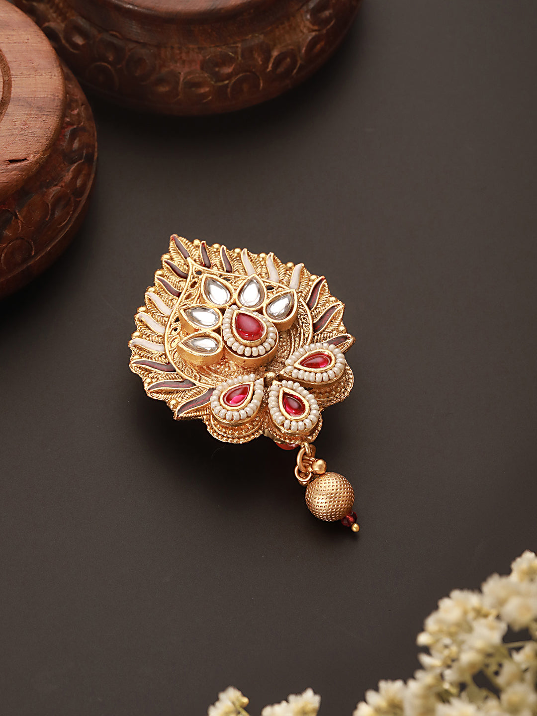 Gold Plated Kundan & Pearl Beded Filigree Broach Saree Pin