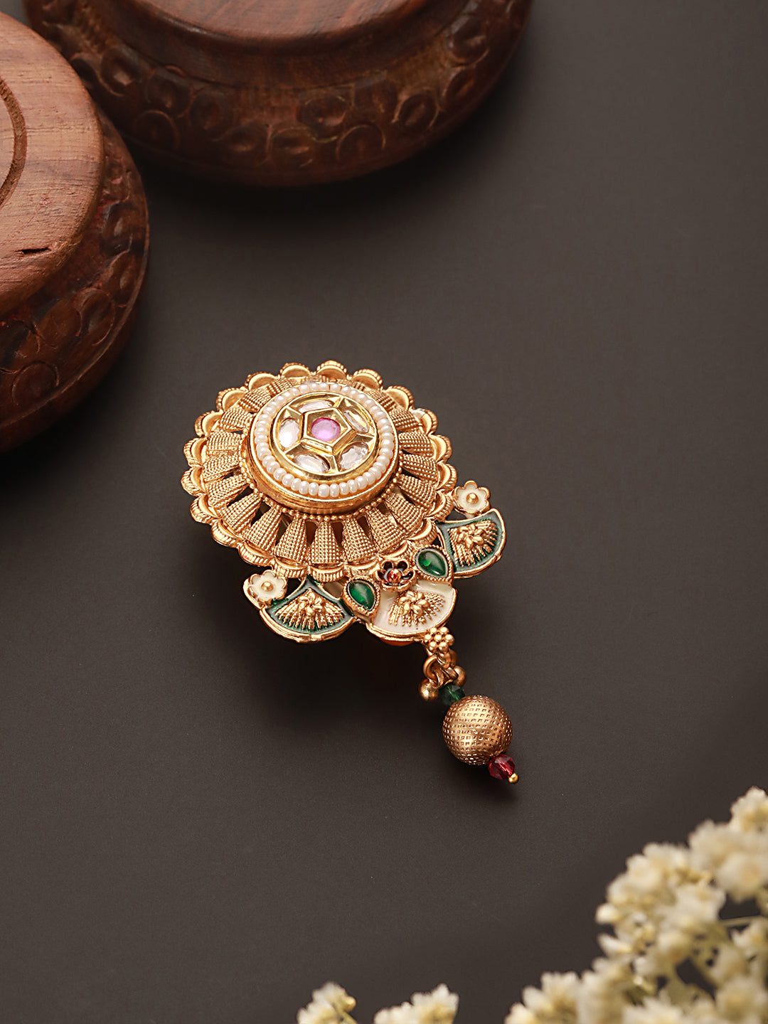 Gold Plated Kundan & Pearl Beaded Floral Broach Saree Pin