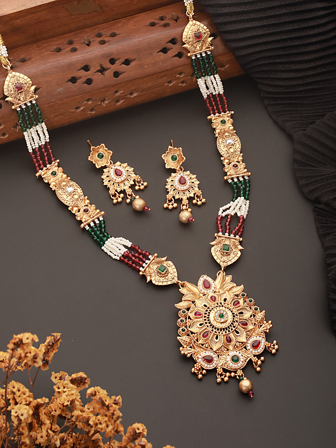 Gold Plated Fusion Stone Studded Pendant Long Maala Bridal  Jewellery Set