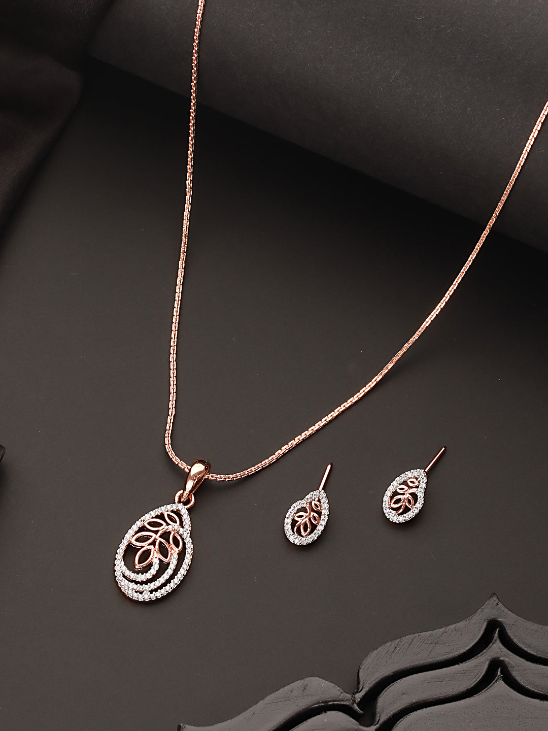 Rose Gold Plated AD Studded Minimal Locket Jewellery Set