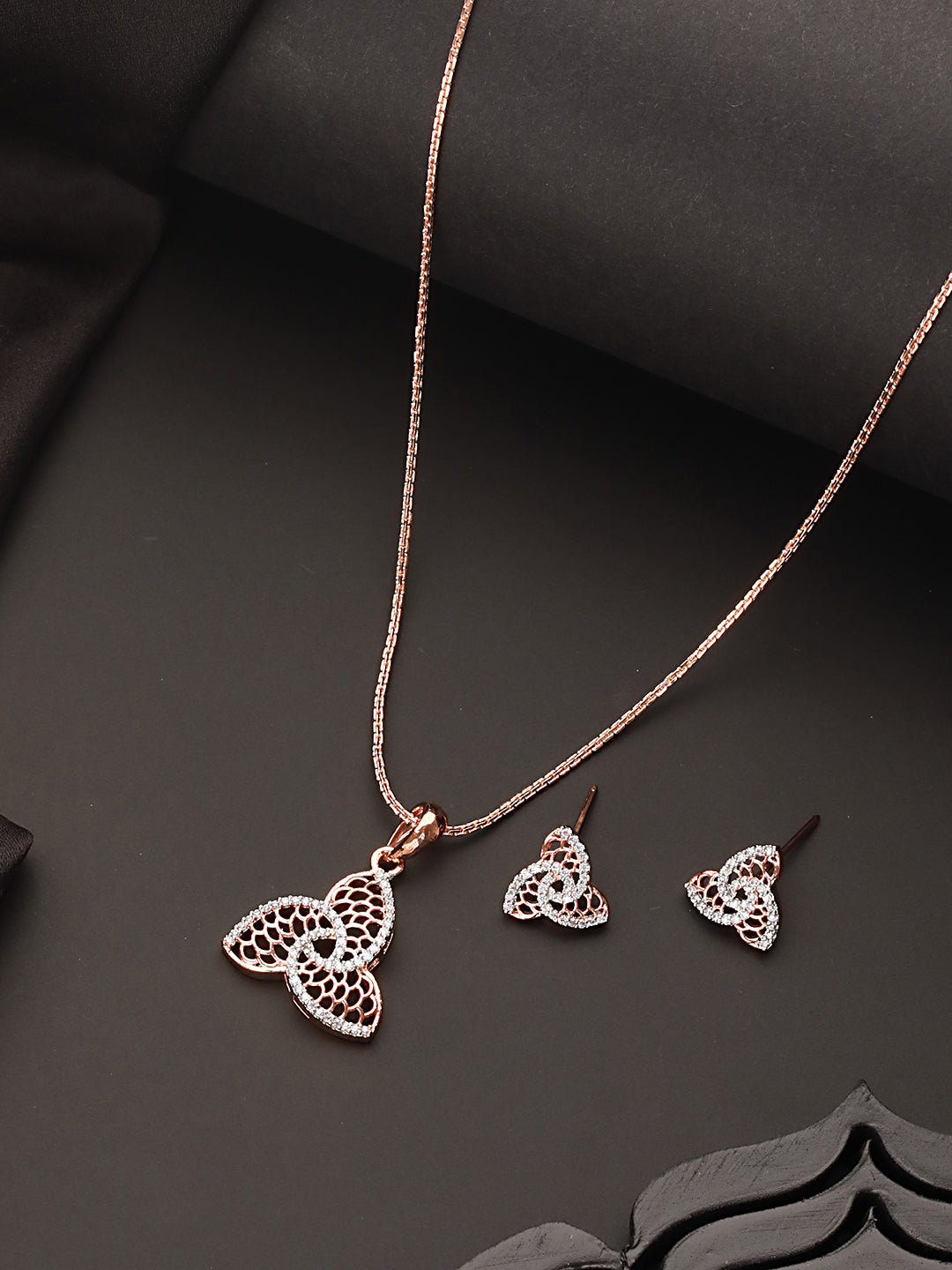 Rose Gold Plated AD Studded Minimal Leafy  Locket Jewellery Set