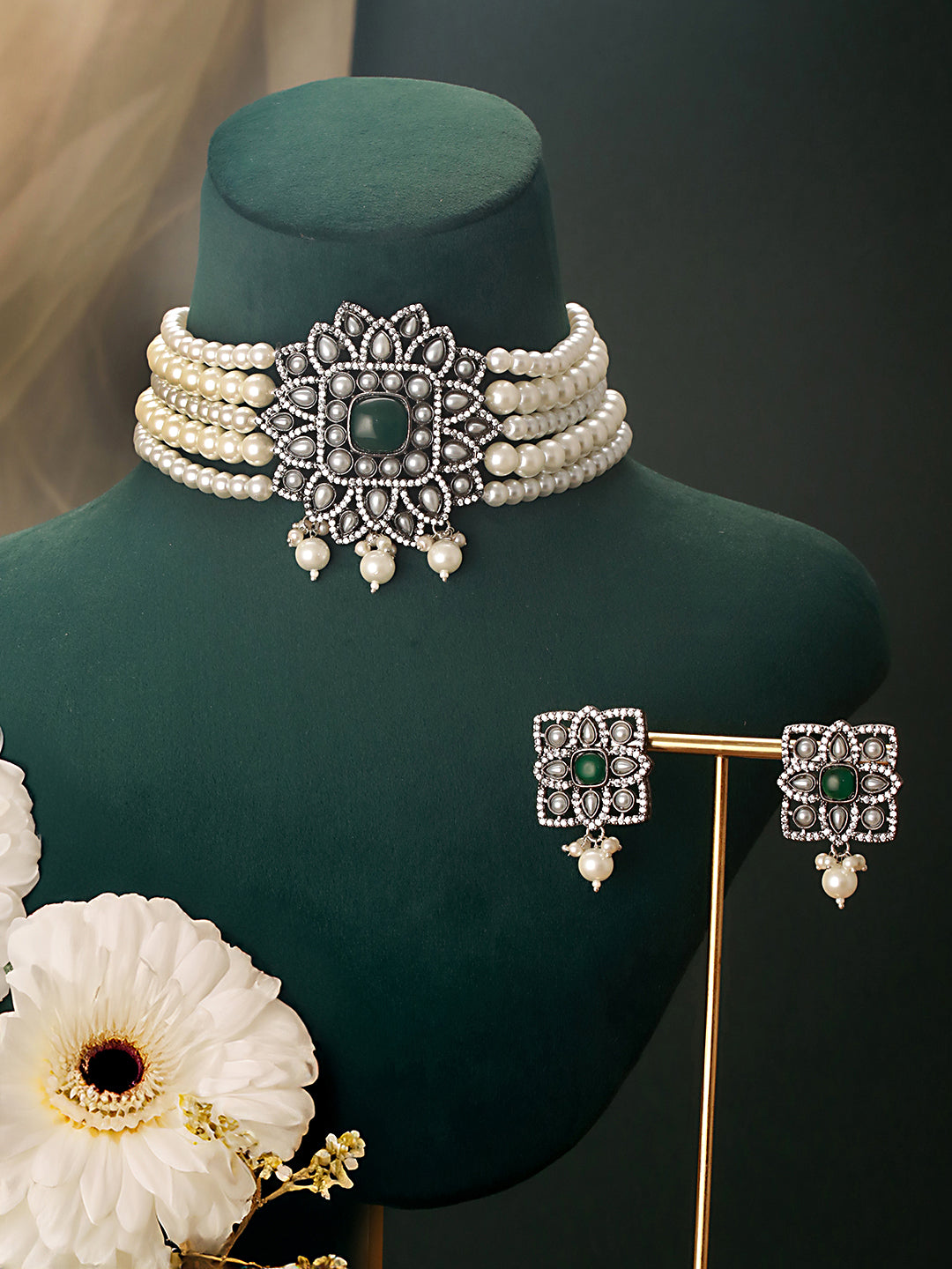 Silver Oxidised Victorian AD Studded Pearl Beaded Luxe Choker Jewellery Set