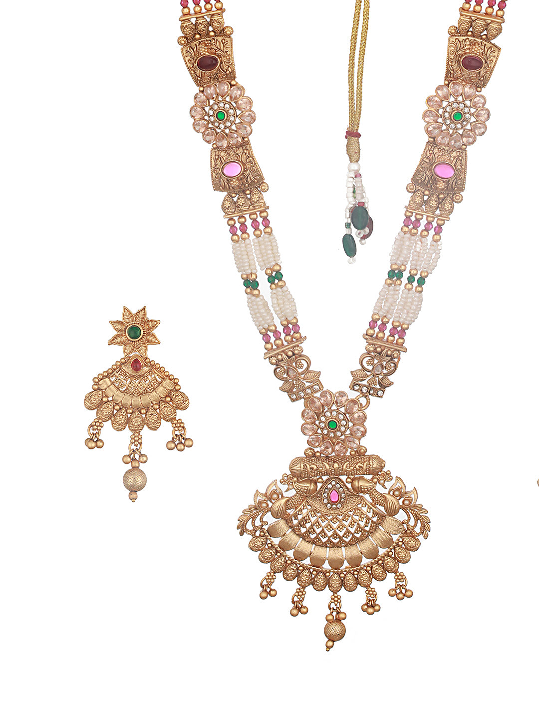 Gold Plated Fusion Stone Studded Filigree Long Maala  Bridal  Jewellery Set
