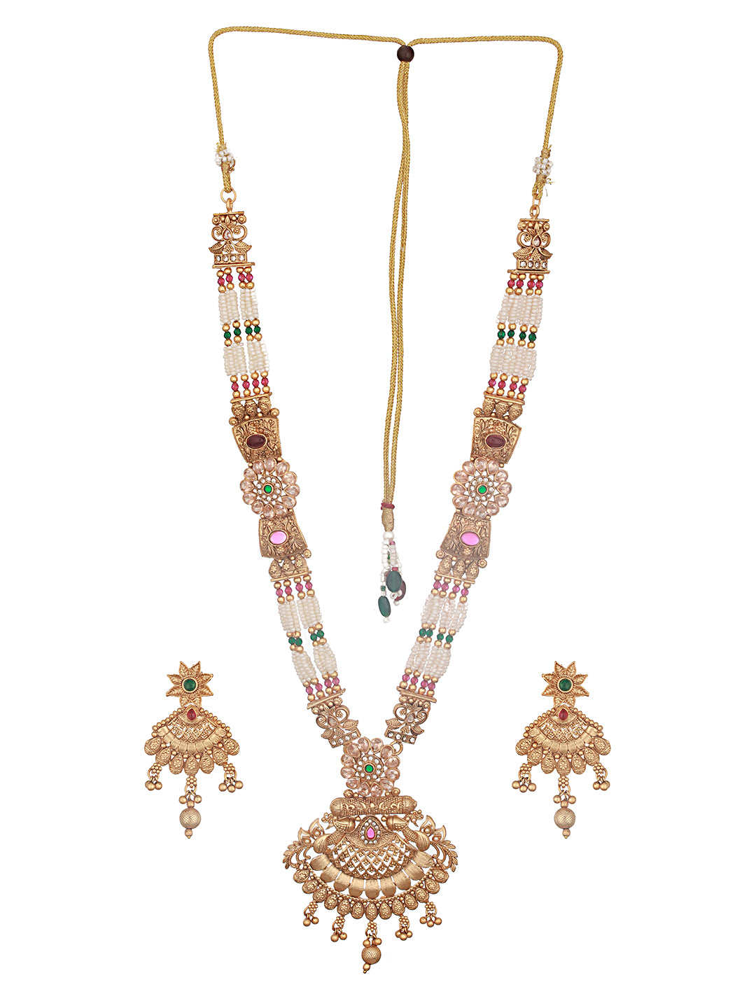 Gold Plated Fusion Stone Studded Filigree Long Maala  Bridal  Jewellery Set