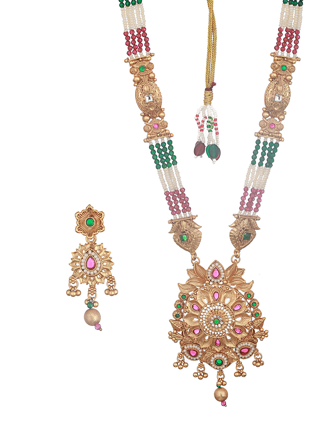 Gold Plated Fusion Stone Studded Pendant Long Maala Bridal  Jewellery Set