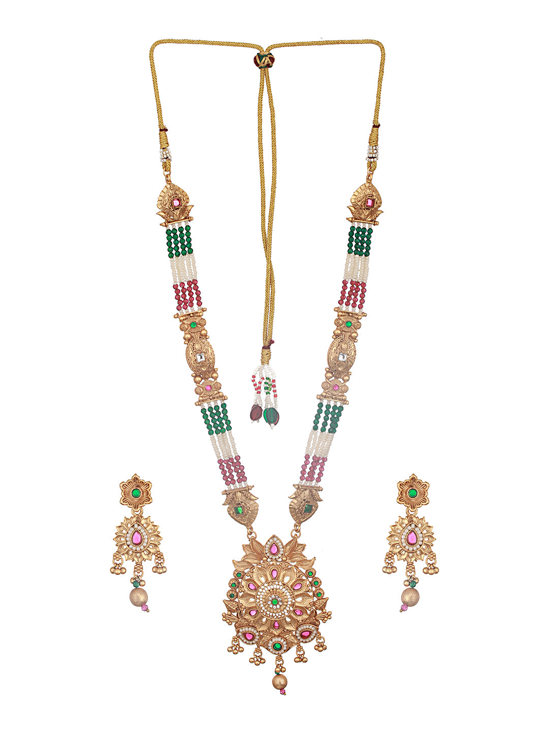Gold Plated Fusion Stone Studded Pendant Long Maala Bridal  Jewellery Set