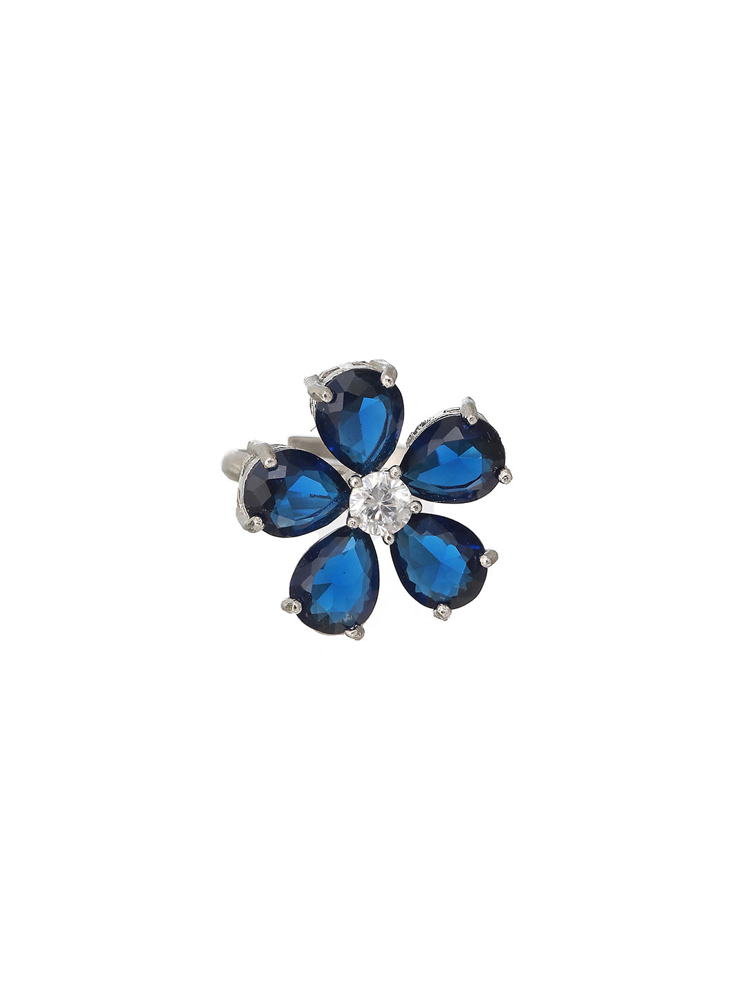 White Rhodium Blue CZ Minimal Floral Finger Ring