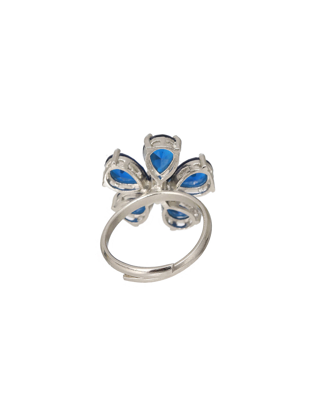 White Rhodium Blue CZ Minimal Floral Finger Ring