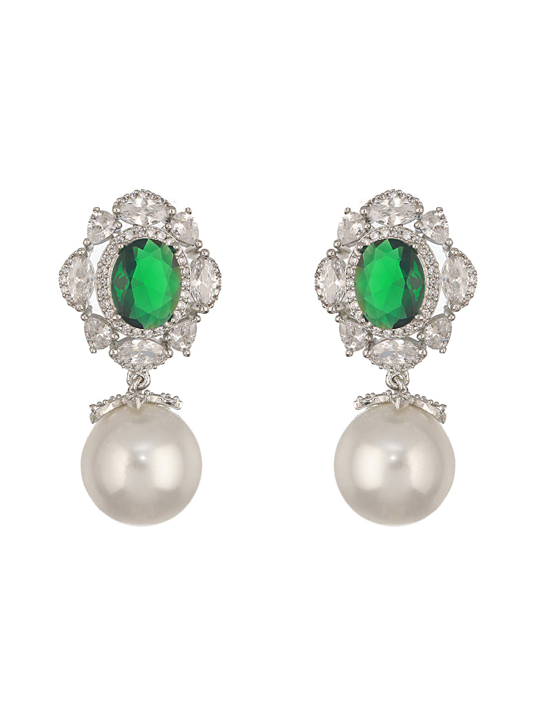 Silver Plated Emerald Green AD Studded Pearl Beaded  Luxe Studds  Earring