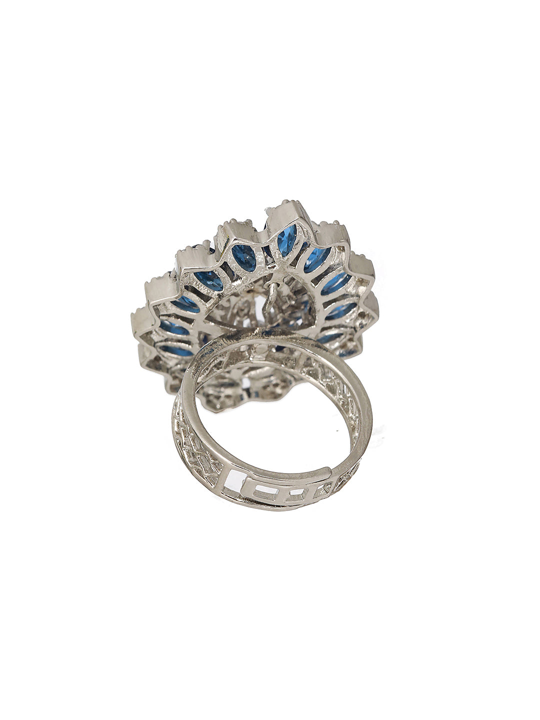 Silver Plated Blue Sapphire Zircon Luxe Floral Finger Ring