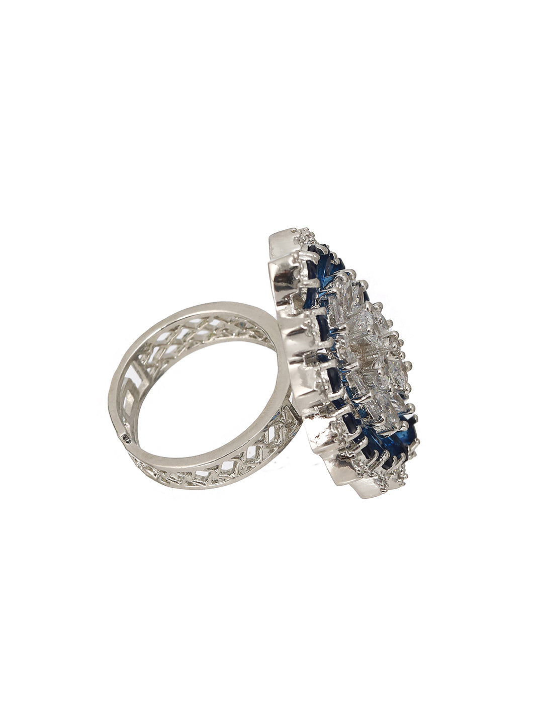 Silver Plated Blue Sapphire Zircon Luxe Floral Finger Ring