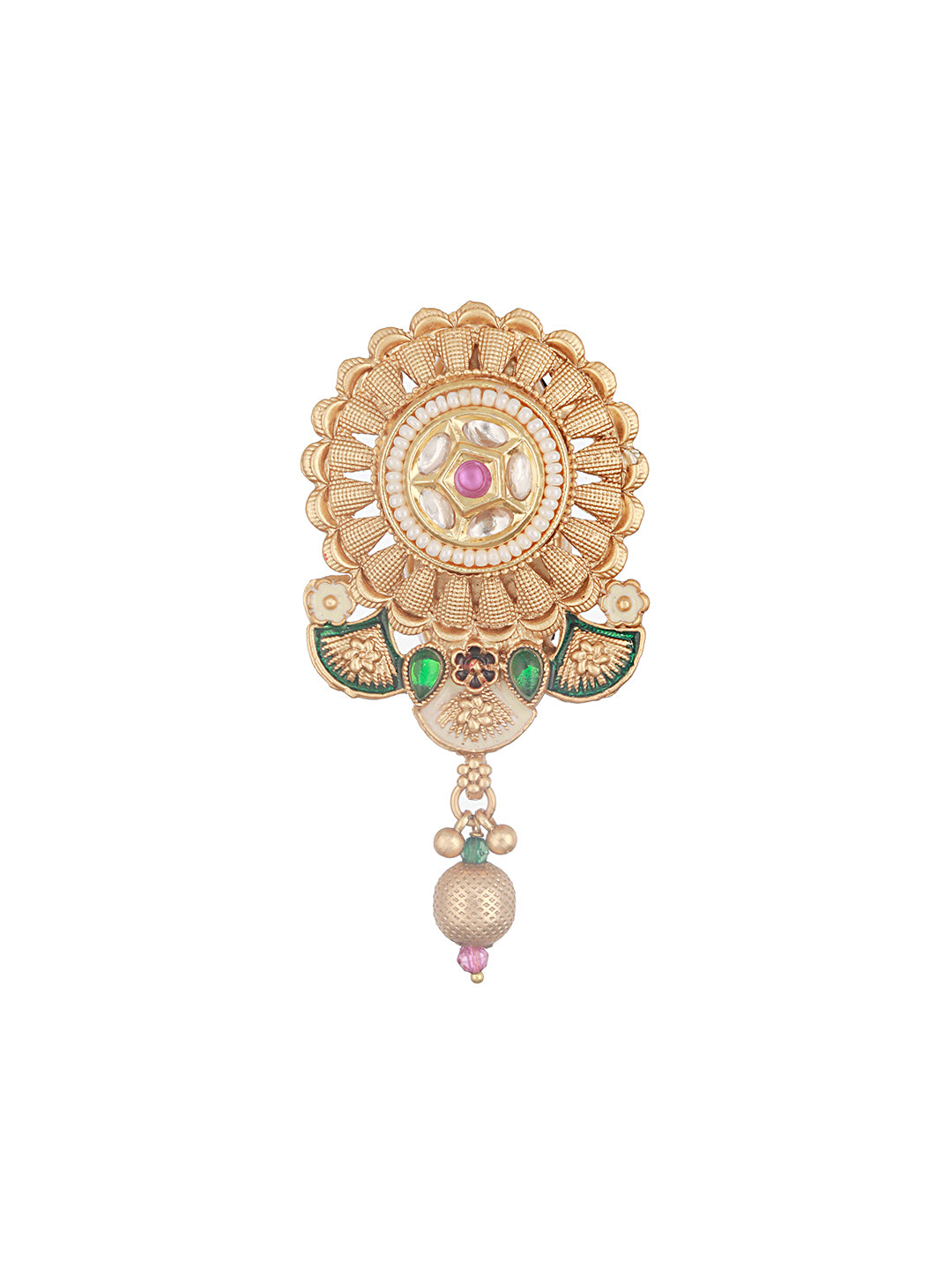 Gold Plated Kundan & Pearl Beaded Floral Broach Saree Pin