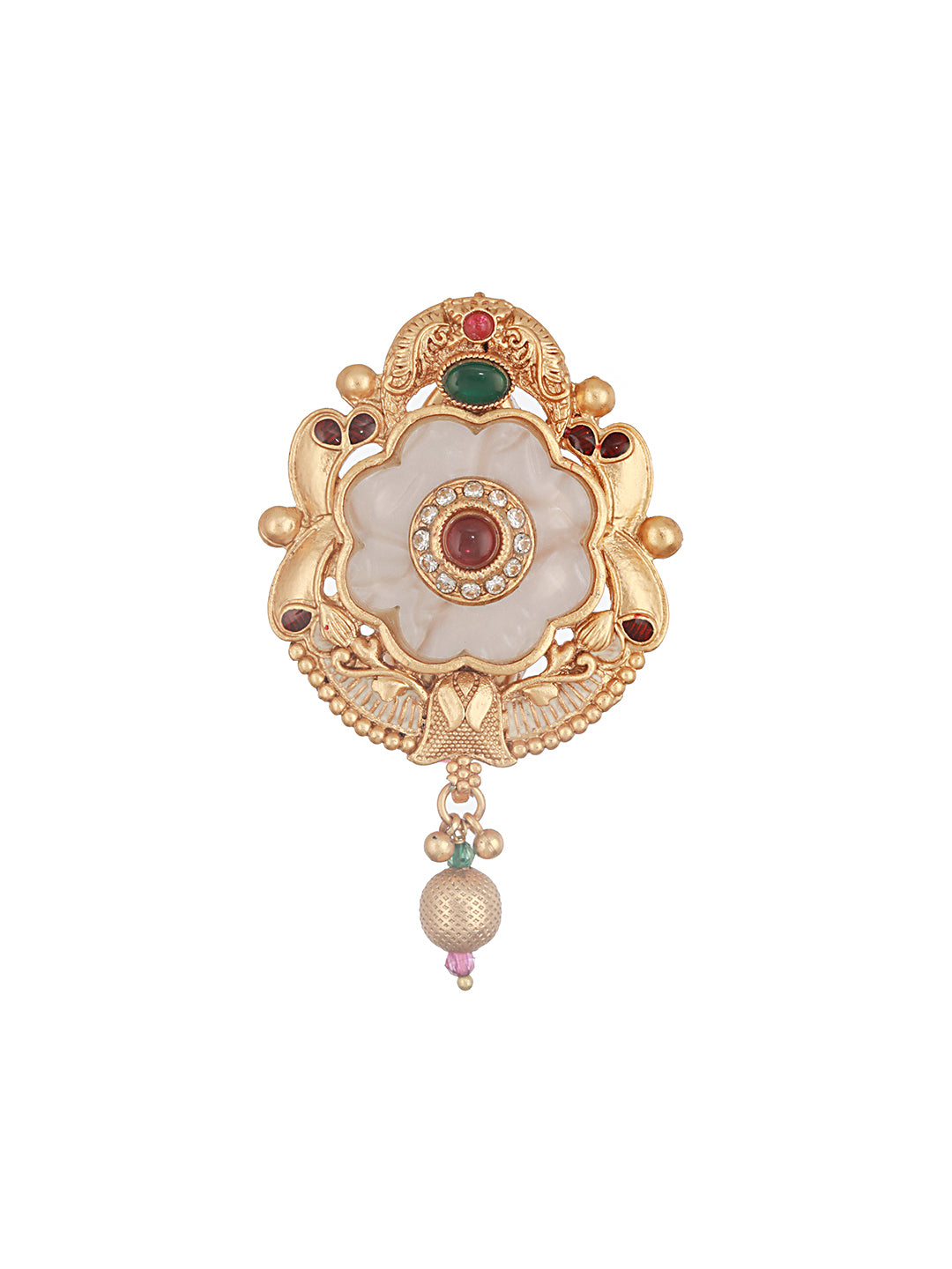 Gold Toned Red Stone Floral Handcrafted Broach Saree Pin