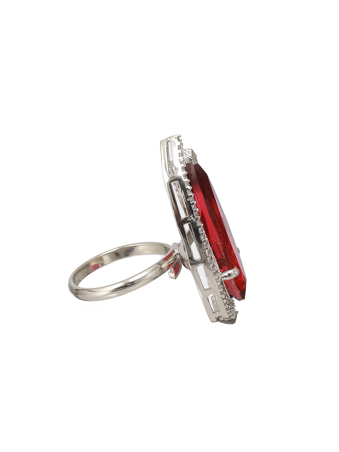 Silver Toned Red Ruby  CZ Minimal Luxe Finger Ring