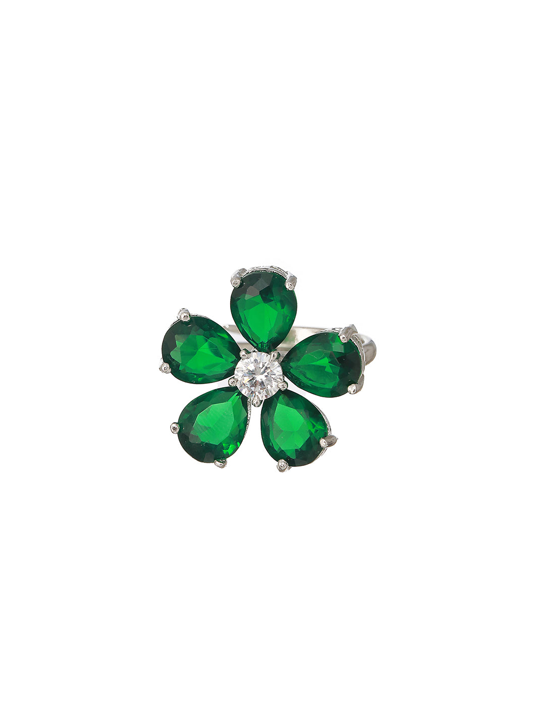 Silver Plated Green Emerald Zircon Minimal Floral Ring