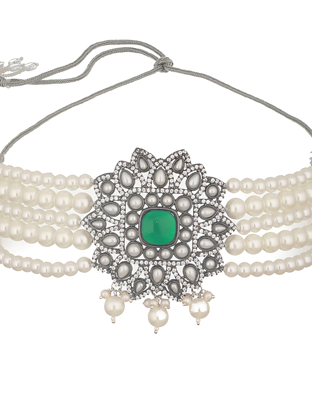 Silver Oxidised Victorian AD Studded Pearl Beaded Luxe Choker Jewellery Set