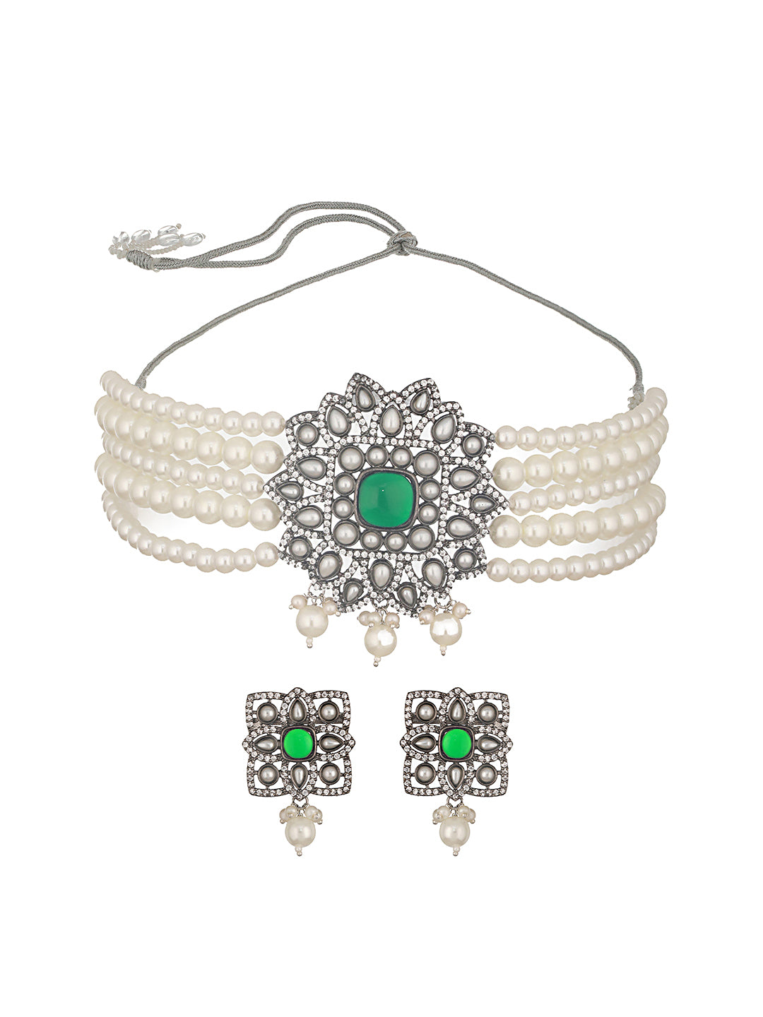 Silver Oxidised Victorian AD Studded Pearl Beaded Luxe Choker Jewellery Set