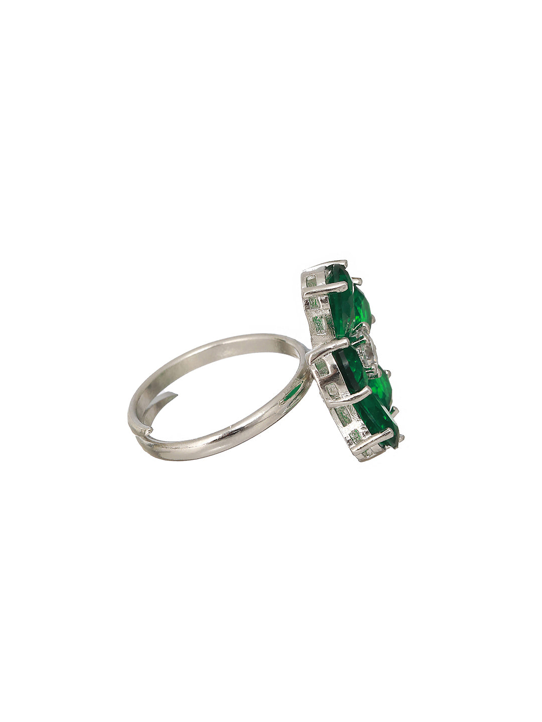Silver Plated Green Emerald Zircon Minimal Floral Ring