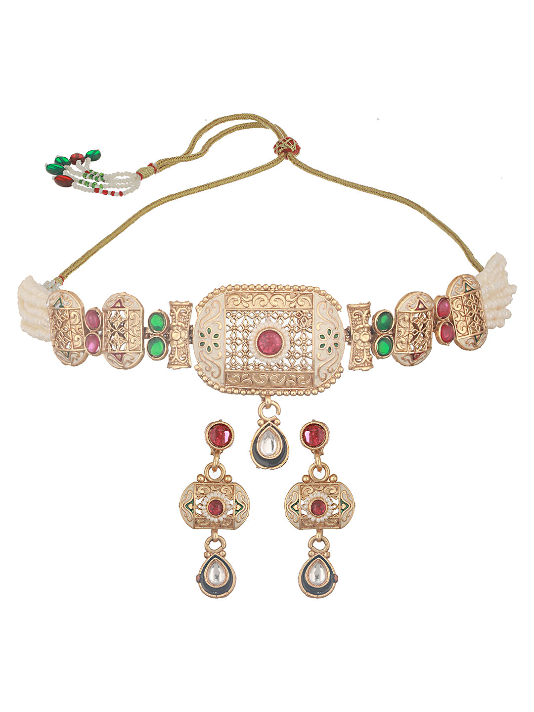 Gold Plated Fusion Stone Studded Filigree Choker Jewellery Set