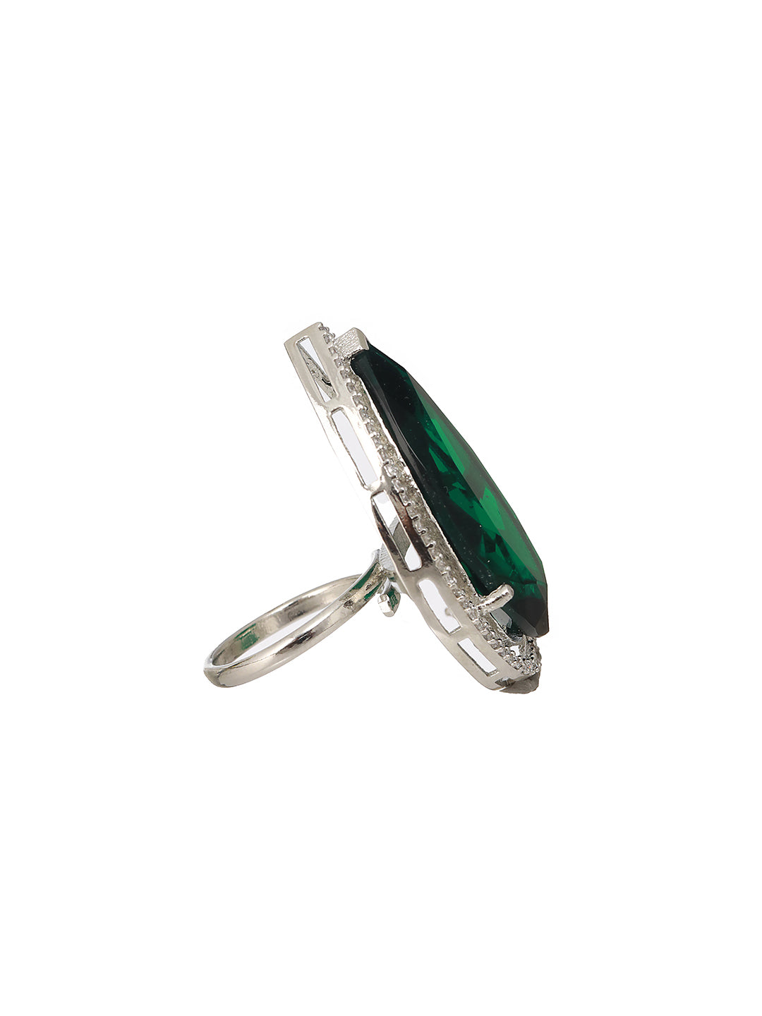 Silver Toned Green Zircon Minimal Finger  Ring