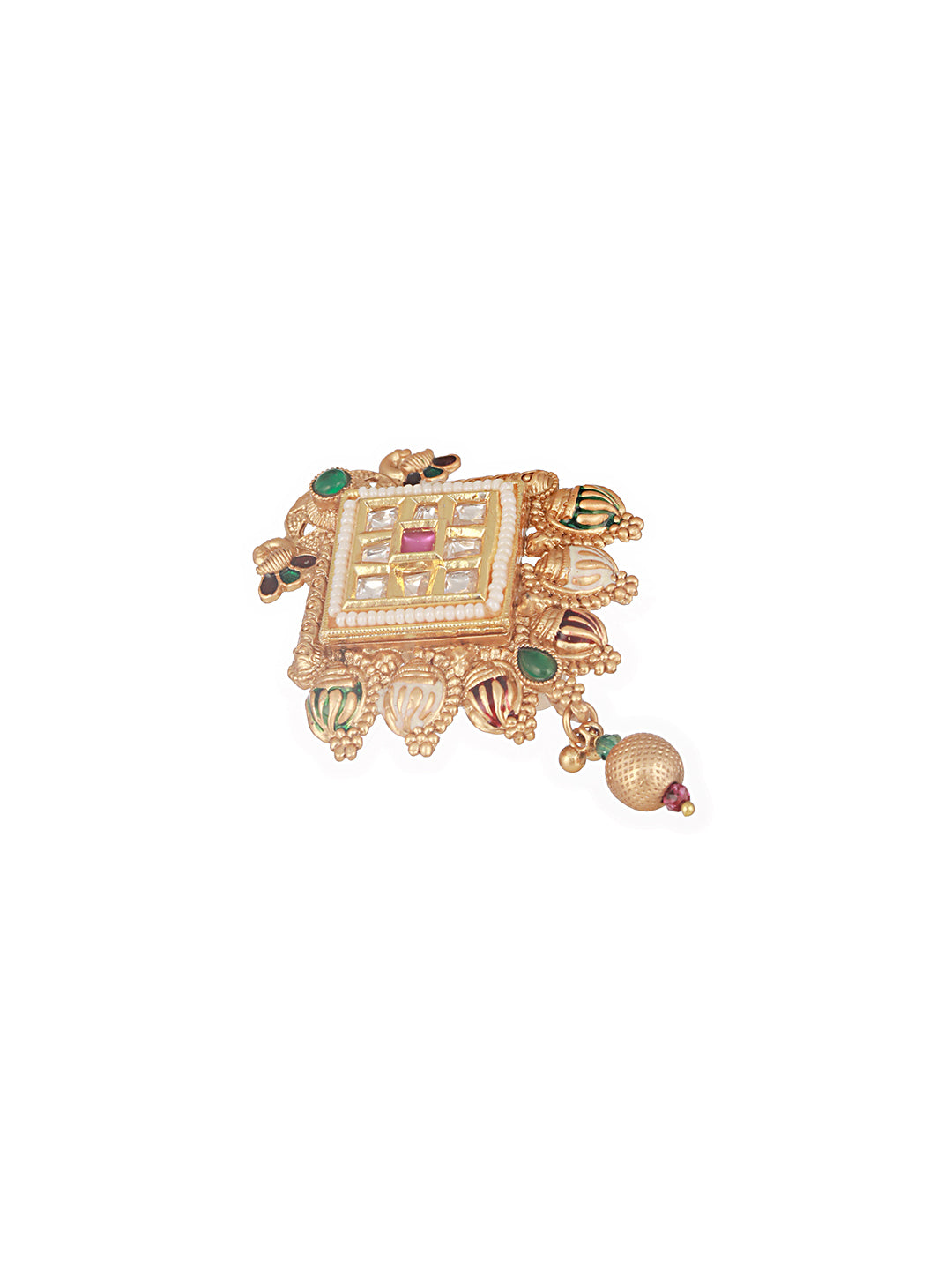 Gold Toned Kundan & Pearl Beaded Peacock Design Broach Saree Pin