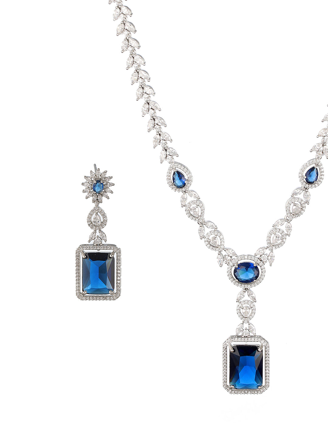 Silver Plated Blue CZ Studded Statement Floral Necklace Jewellery Set