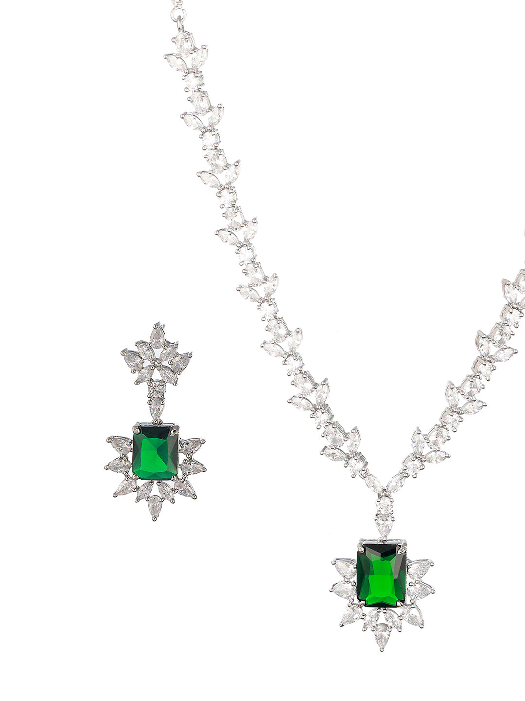 Silver Plated Green AD Studded  Floral Necklace