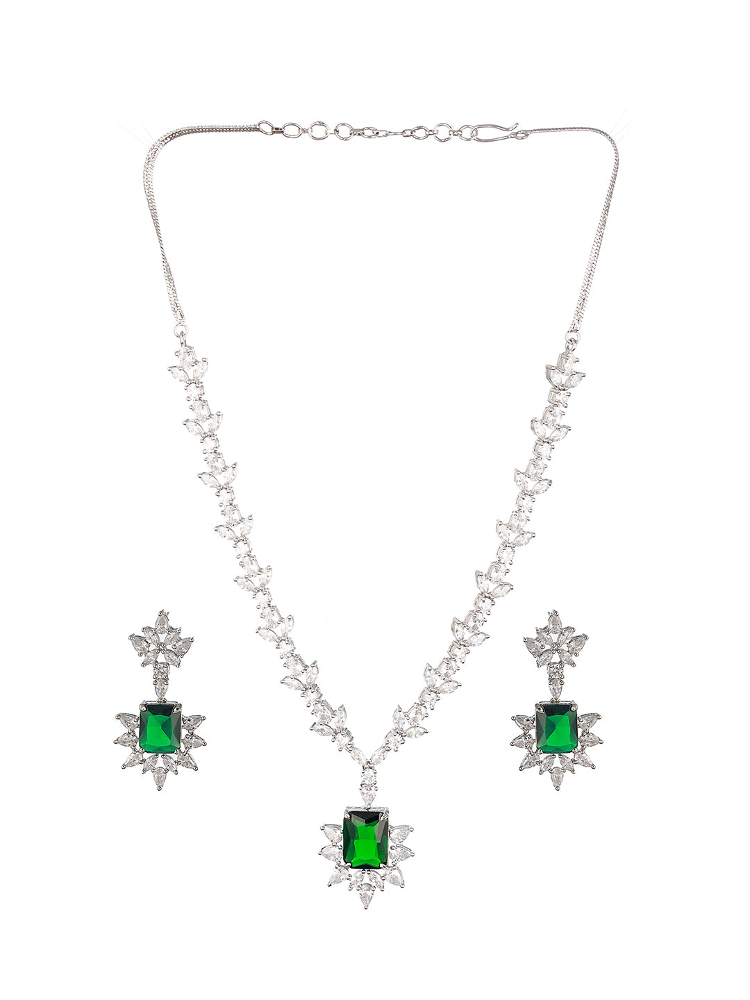 Silver Plated Green AD Studded  Floral Necklace