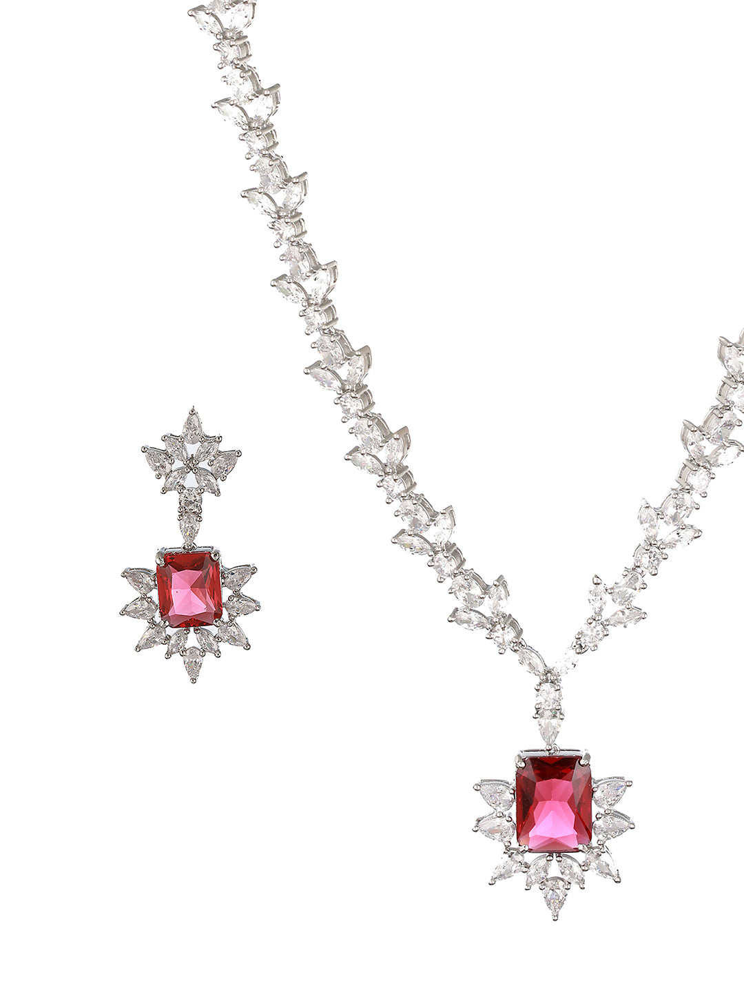 Silver Plated Red Ruby Zircon Floral Statement  Necklace Jewellery Set