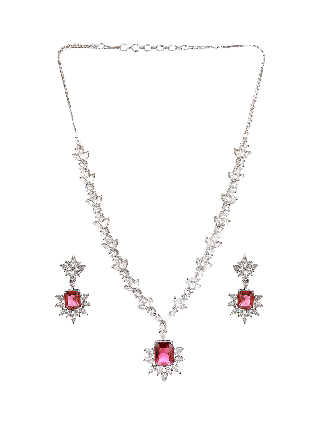 Silver Plated Red Ruby Zircon Floral Statement  Necklace Jewellery Set