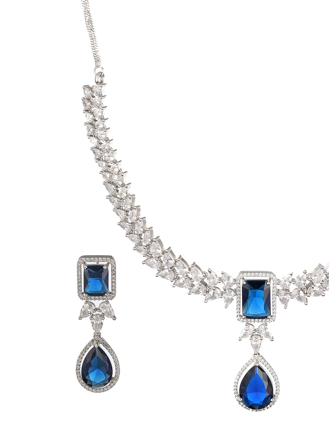 Silver Plated Blue Zircon Minimal  Necklace Jewellery Set