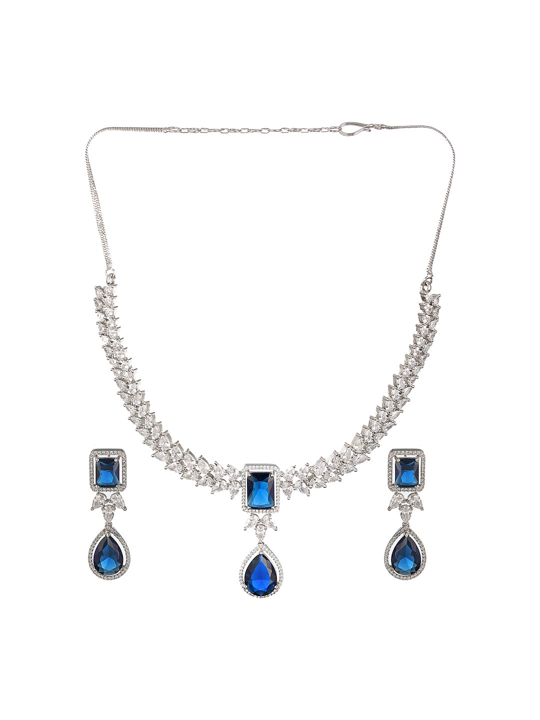 Silver Plated Blue Zircon Minimal  Necklace Jewellery Set