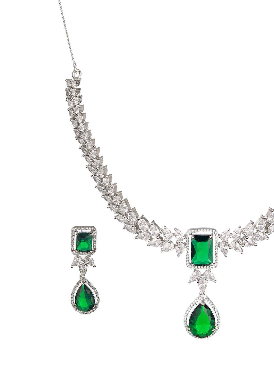 Silver Plated Green Zircon Minimal  Necklace Jewellery Set