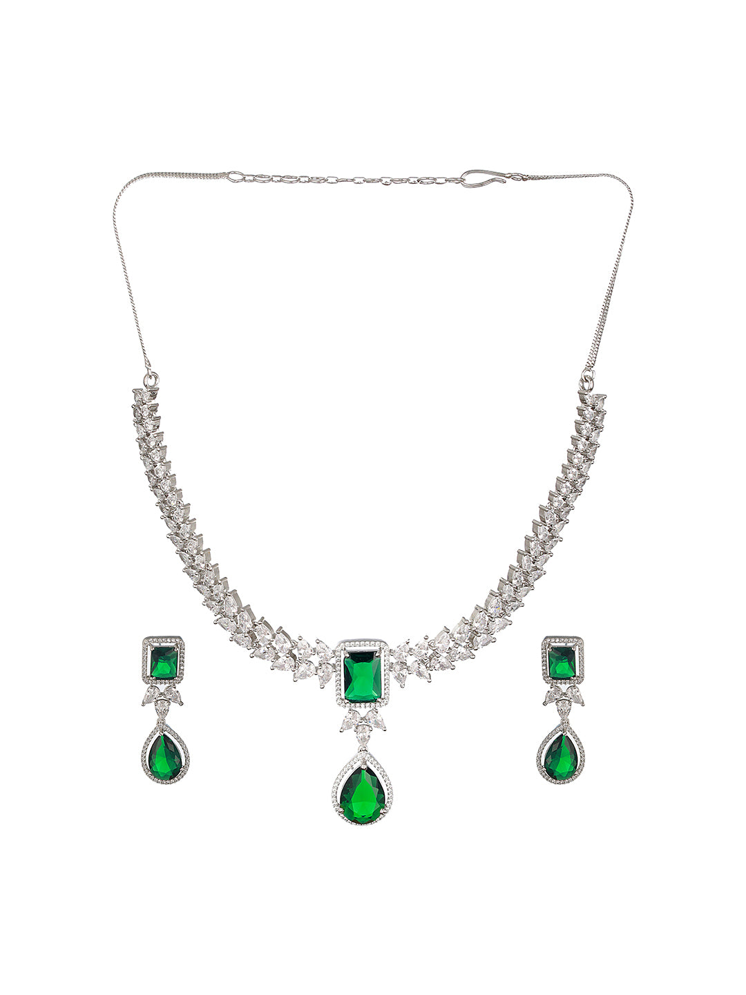 Silver Plated Green Zircon Minimal  Necklace Jewellery Set