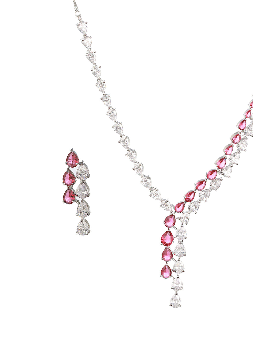 Silver Toned Red  CZ Statement Designer Necklace Jewellery Set