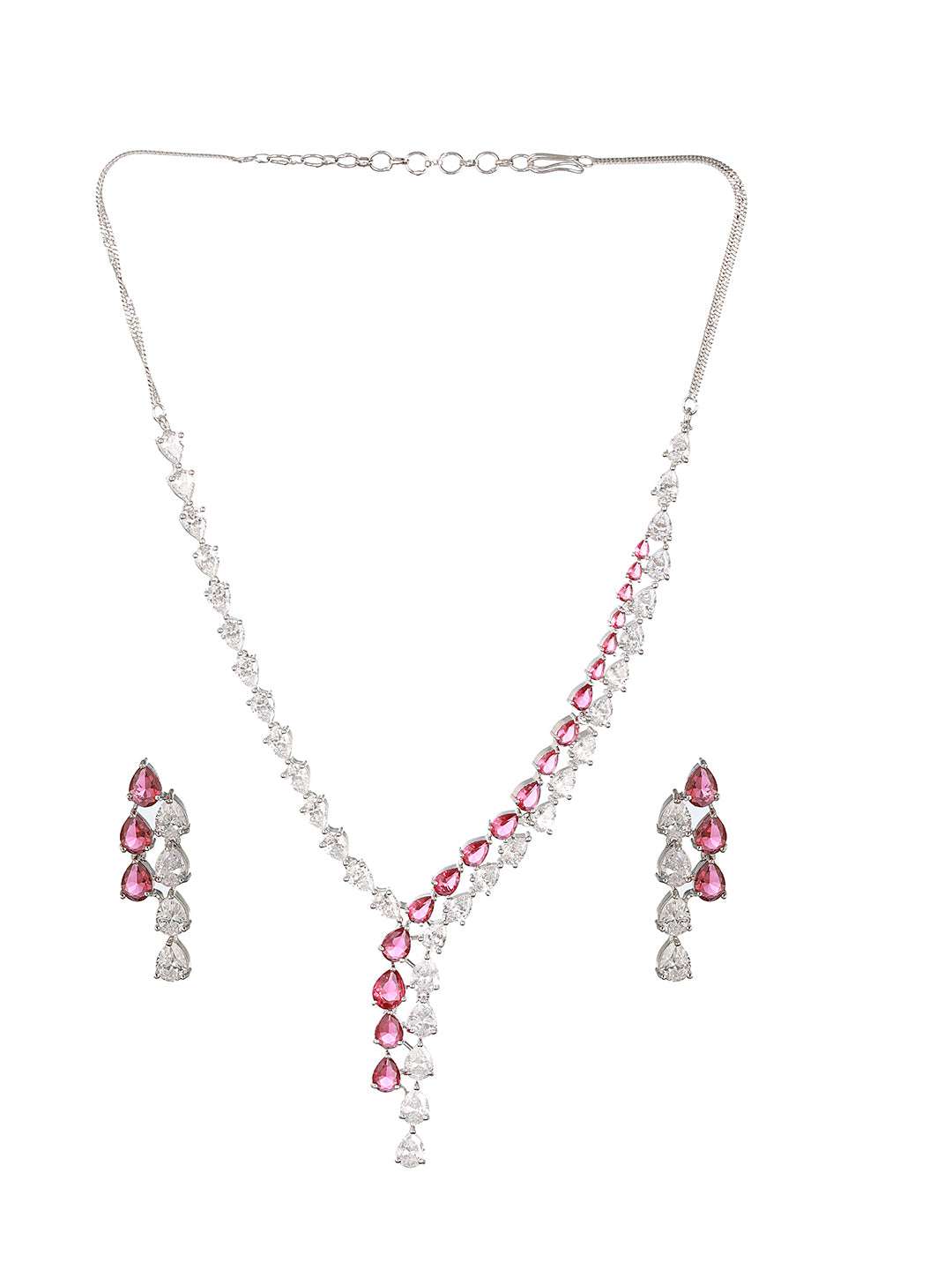 Silver Toned Red  CZ Statement Designer Necklace Jewellery Set