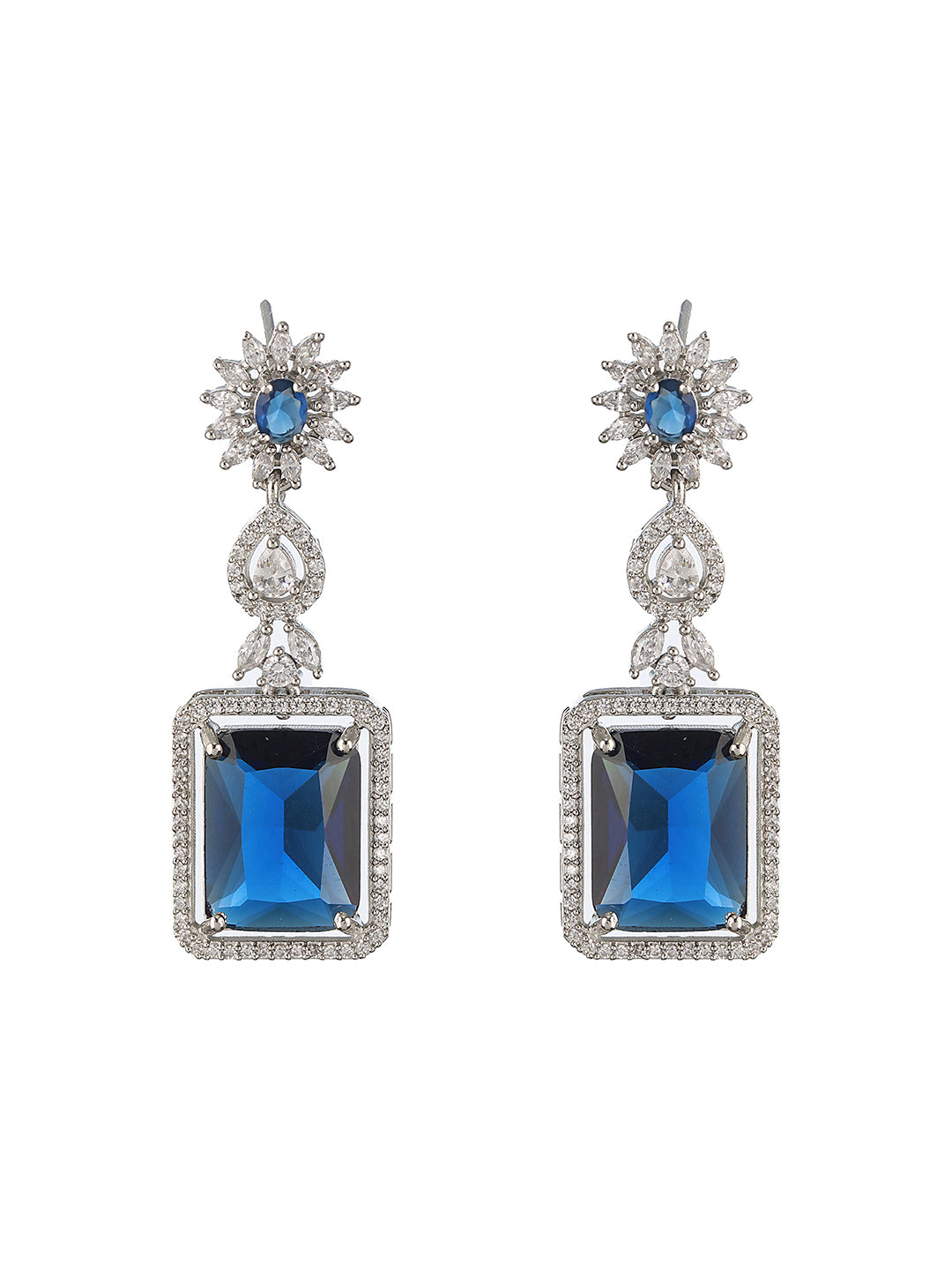 Silver Plated Blue CZ Studded Statement Floral Necklace Jewellery Set