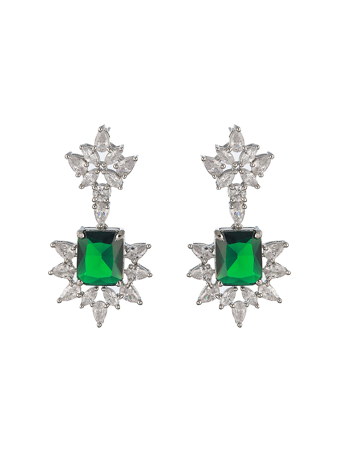 Silver Plated Green AD Studded  Floral Necklace