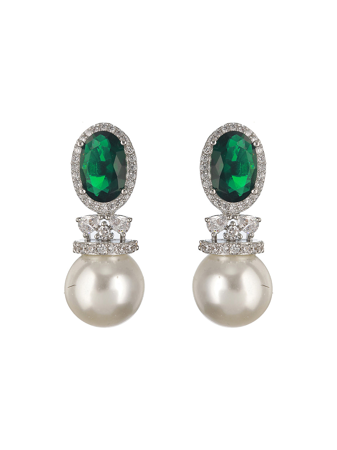 Silver Plated Green CZ Pearl Beaded Minimal Earring