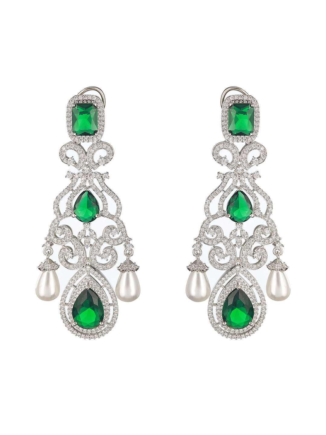 Silver Toned Green  Zircon Pearl Beaded Statement Chandelier Earrings