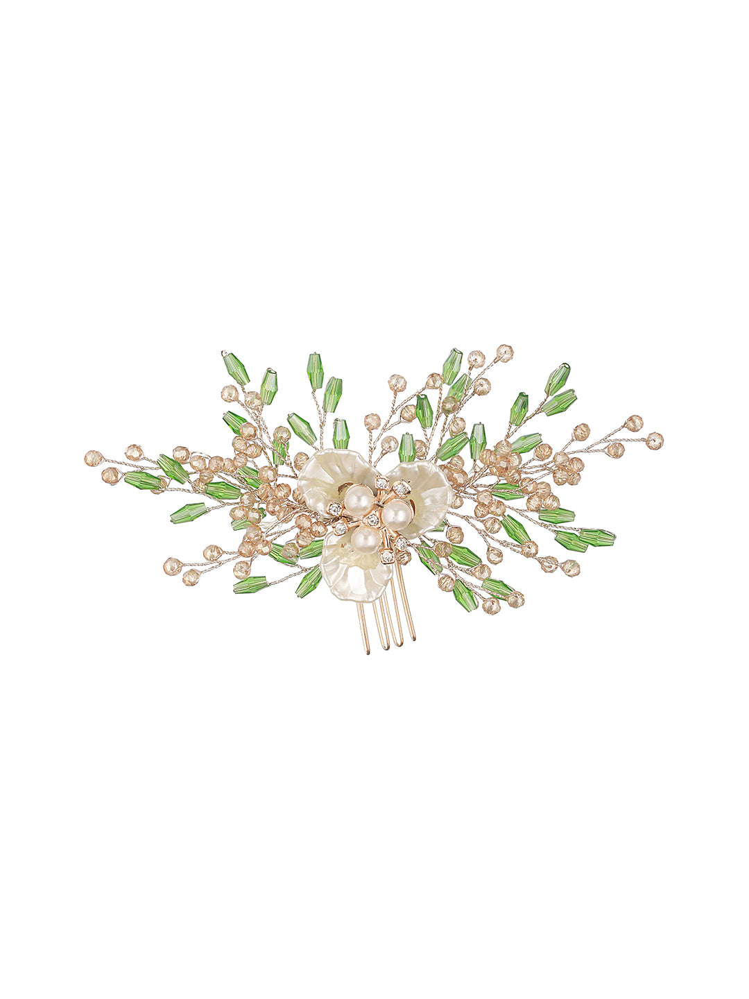 Gold Toned Mother Of Pearl Embellished Green  Hair Comb  Pin