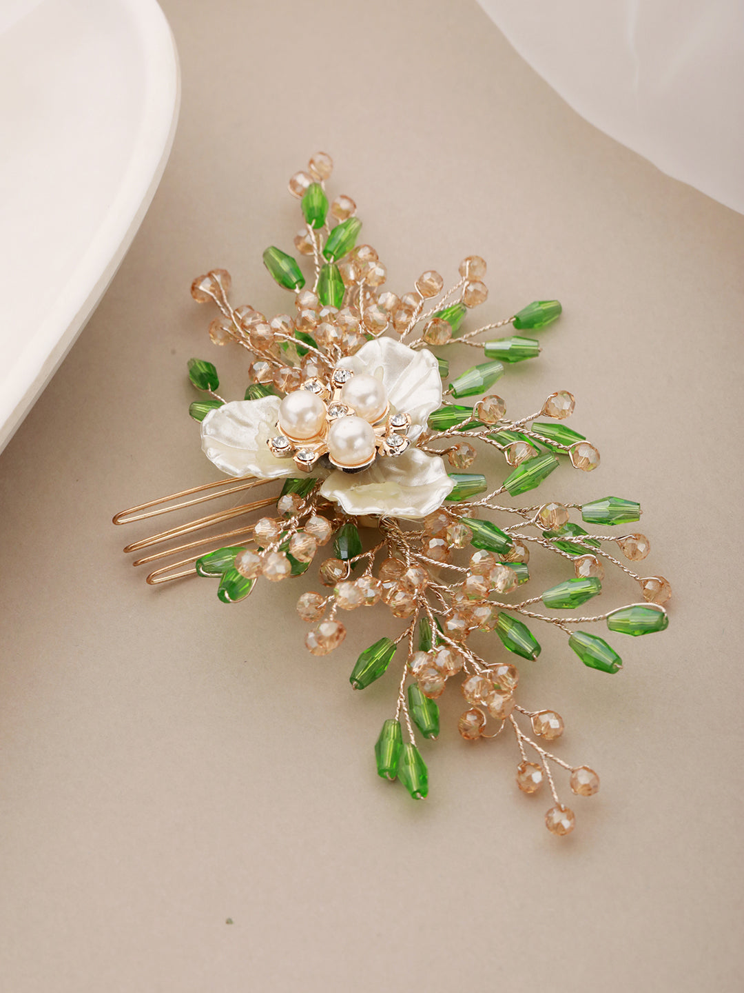 Gold Toned Mother Of Pearl Embellished Green  Hair Comb  Pin